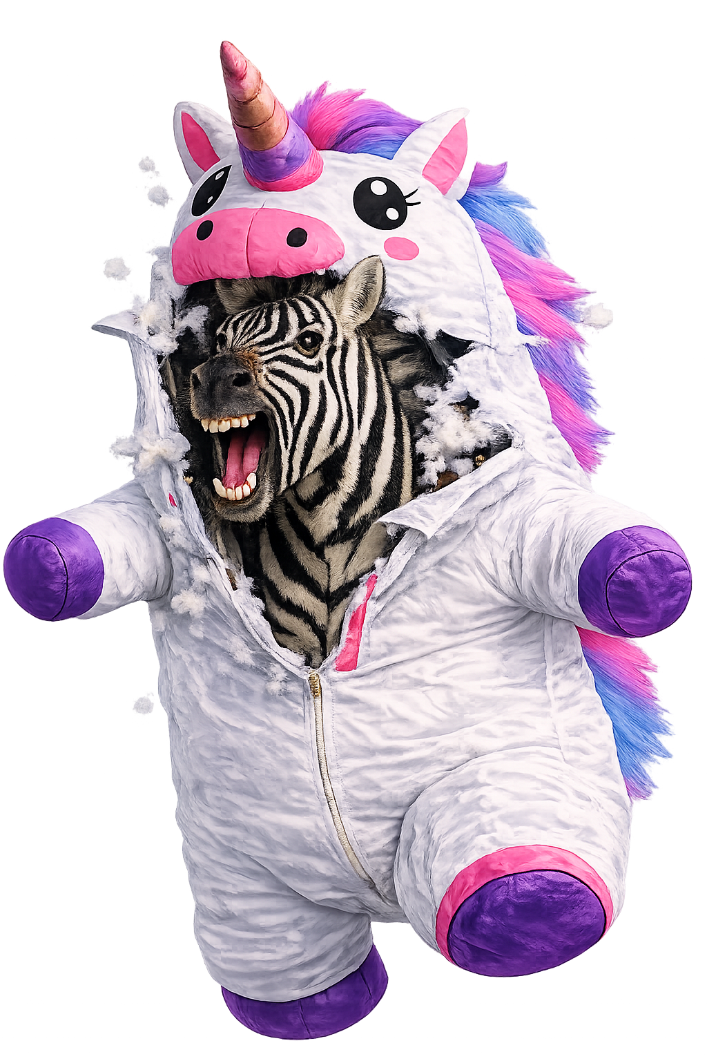Cebra saliendo de un disfraz de unicornio